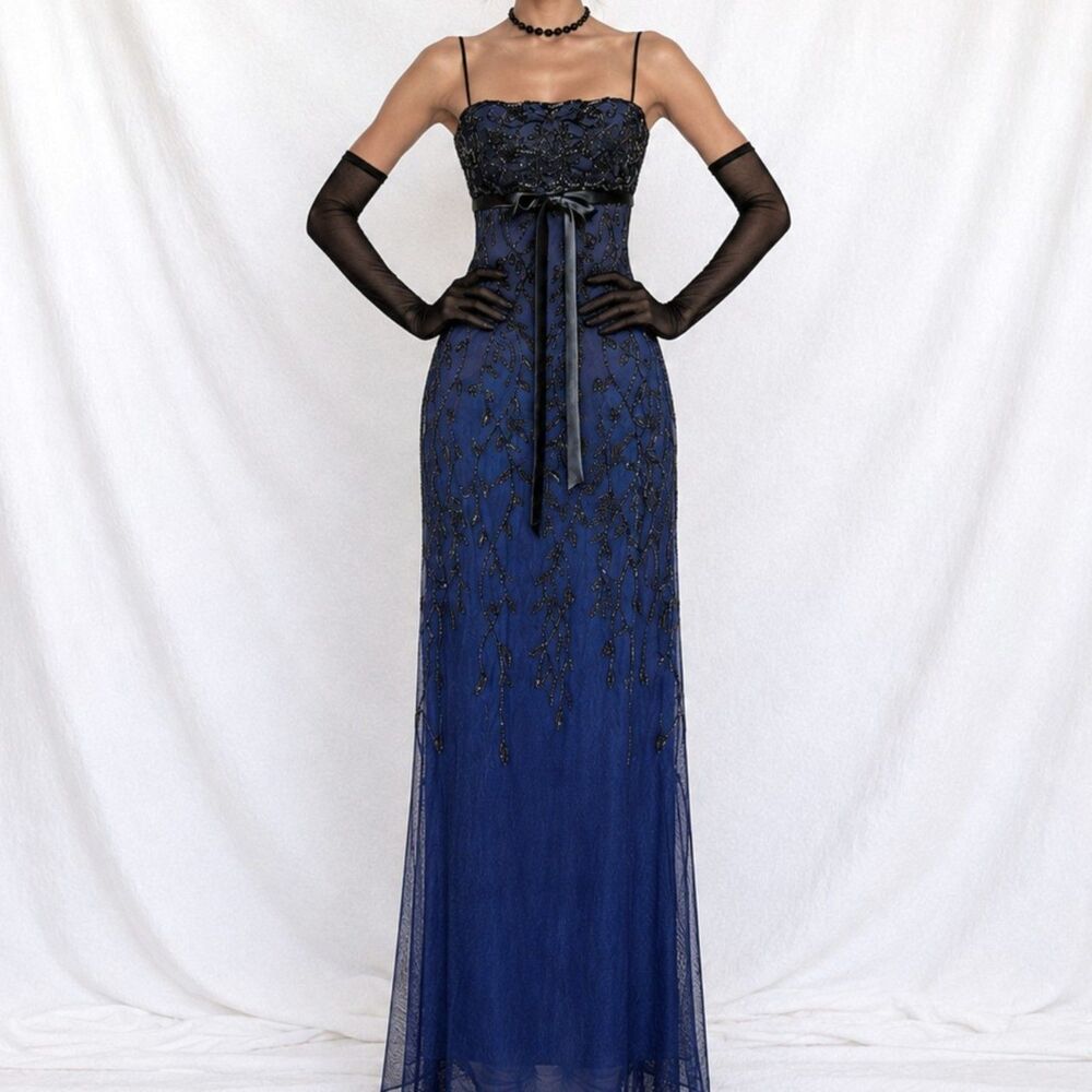 Vintage Y2K Navy Blue Floral Beaded Knit Babydoll Maxi Bodycon Prom Dress Size S